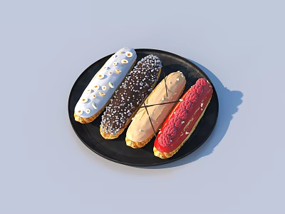 Assorted Colorful Eclairs on Black Plate with Nut Sprinkles Caramel and Raspberry Toppings 3d model