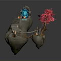 Floating Rock Structure With Stone Stairs Glowing Blue Device Wooden Bridge Red Tree And Torches