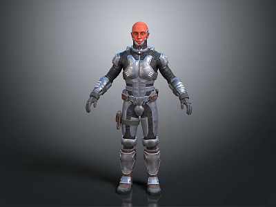 Futuristic 3D Character with Red Head Wearing Silver and Black Armor 3d model