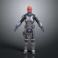 Futuristic 3D Character with Red Head Wearing Silver and Black Armor