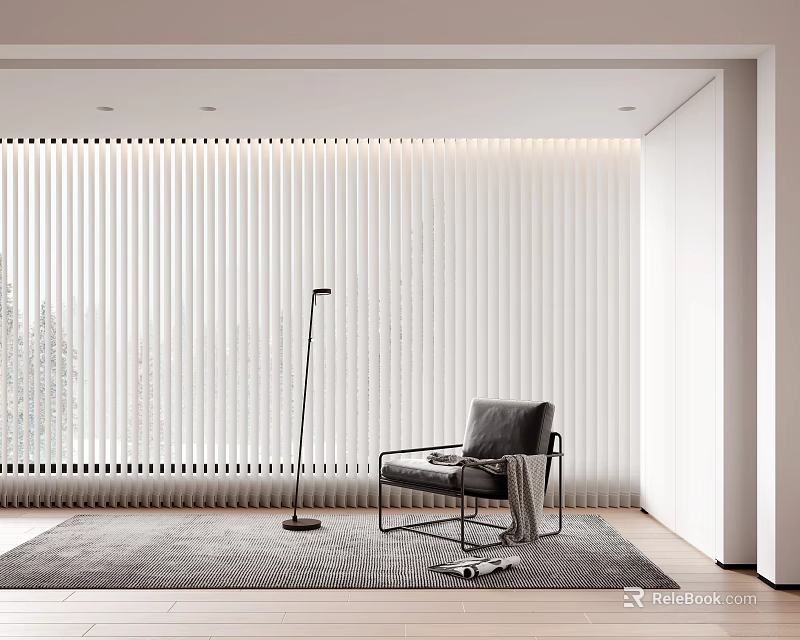White Vertical Blinds in Modern Living Room with Floor Lamp Chair and Area Rug 3d model 