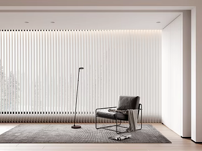 White Vertical Blinds in Modern Living Room with Floor Lamp Chair and Area Rug 3d model