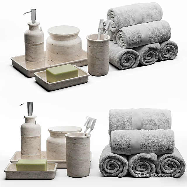 Bathroom Accessories Set With Soap Dish Dispenser Toothbrush Holder Storage Jars And Rolled Towels 3d model 