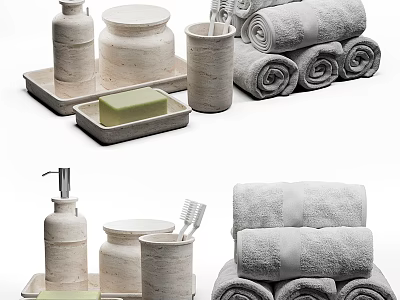 Bathroom Accessories Set With Soap Dish Dispenser Toothbrush Holder Storage Jars And Rolled Towels 3d model