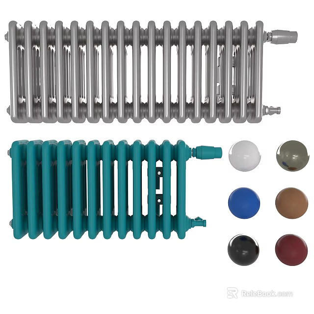 Modern Home Radiators In Silver And Green With Various Color Knob Options 3d model 