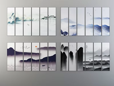 Chinese Ink Wash Landscape Painting With Mountains Rivers Birds And Multi Panel Design 3d model