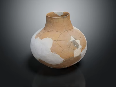 Ancient Pottery Jar With Cracks And White Repair Marks On Black Background 3d model