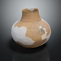Ancient Pottery Jar With Cracks And White Repair Marks On Black Background