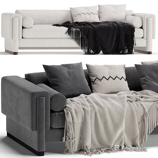 Comfortable Grey Fabric Sectional Sofa With Geometric Pattern Pillows And Fringe Blanket 3d model 