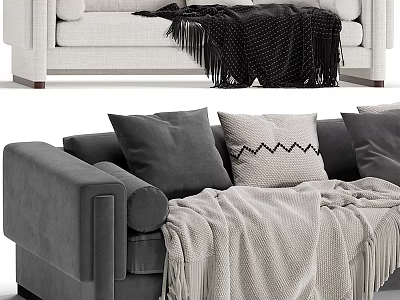 Comfortable Grey Fabric Sectional Sofa With Geometric Pattern Pillows And Fringe Blanket 3d model