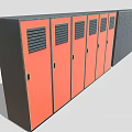 Row of Orange and Dark Gray Lockers with Ventilated Doors and Metal Frames
