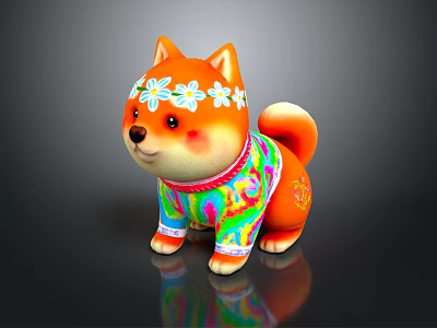 Orange Shiba Inu Puppy Toy With White Flower Crown And Colorful Outfit On Shiny Surface 3d model