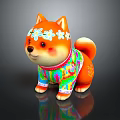 Orange Shiba Inu Puppy Toy With White Flower Crown And Colorful Outfit On Shiny Surface