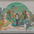 Chinese Style Circular Wall Decor with Phoenix Figure Mountains and Clouds Design