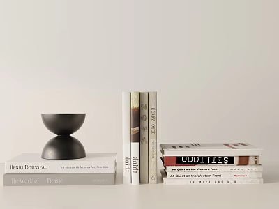 Black Bowl Shaped Decorative Ornament Set with Stacked Books on White Surface 3d model