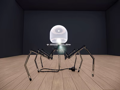Illuminated Modern Spider Like Floor Lamp With Transparent Spherical Shade In Minimalist Room 3d model