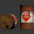 Old Rusty Barrels With Flammable Labels And Red Hazard Symbols On Dark Reflective Surface