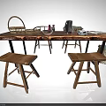 Wooden Dining Table Set With Two Stools And Woven Baskets Coffee Maker On Top 3d model