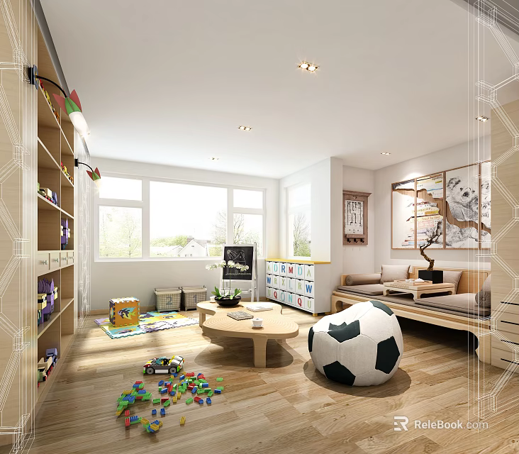 Modern Entertainment Room Interior With Shelves Toys Soccer Ball Sofa Coffee Table And Windows 3d model 
