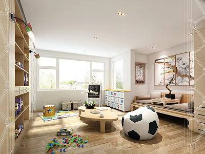Modern Entertainment Room Interior With Shelves Toys Soccer Ball Sofa Coffee Table And Windows 3d model