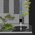 Modern Garden Water Fountain with Potted Pine Trees Green Ferns Natural Stones and Textured Walls