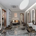 Modern Hairdressing Salon Interior With Round Mirrors Styling Chairs And Workstations