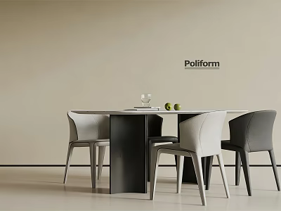 Modern Minimalist Dining Table Set With White Gray Chairs Glass Book And Green Fruits 3d model
