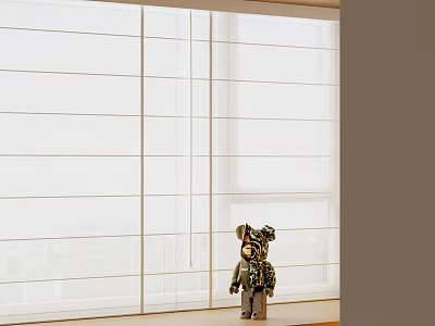 White Window Blinds with a Doll Standing Nearby in Room Interior 3d model