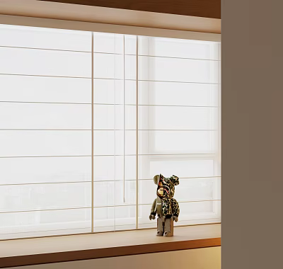 White Window Blinds with a Doll Standing Nearby in Room Interior 3d model