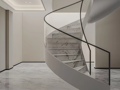 Modern Spiral Staircase With Marble Steps And Metal Railing In Minimalist Interior 3d model