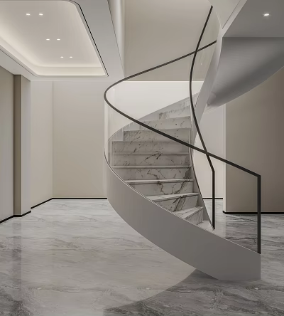 Modern Spiral Staircase With Marble Steps And Metal Railing In Minimalist Interior 3d model