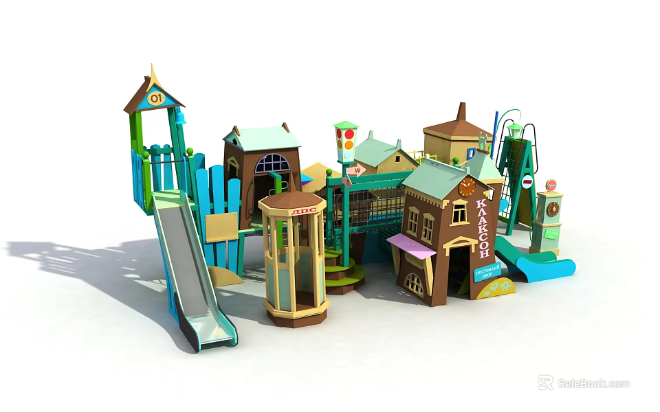 Colorful Outdoor Playground Equipment With Slide Playhouse And Climbing Structures For Kids 3d model 