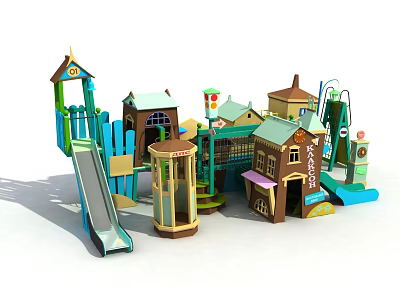 Colorful Outdoor Playground Equipment With Slide Playhouse And Climbing Structures For Kids 3d model