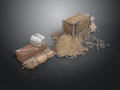 Traditional Agricultural Storage Equipment With Stacked Hay Bales Wooden Crate And Sacks 3d model