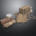 Traditional Agricultural Storage Equipment With Stacked Hay Bales Wooden Crate And Sacks