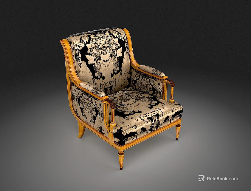 Classic Armchair with Ornate Patterned Upholstery Wooden Armrests and Carved Legs 3d model 