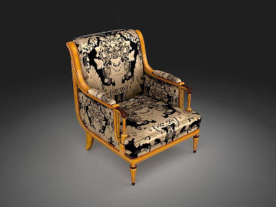 Classic Armchair with Ornate Patterned Upholstery Wooden Armrests and Carved Legs 3d model