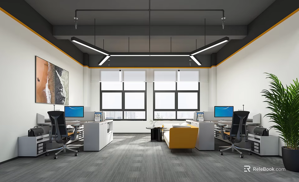 Modern Public Office Space with Desks Computers Black Chairs Yellow Sofa Windows and Pendant Lights 3d model 