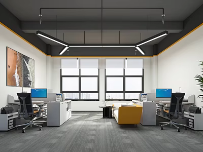 Modern Public Office Space with Desks Computers Black Chairs Yellow Sofa Windows and Pendant Lights 3d model