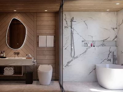 Elegant Hotel Bathroom Interior With Wooden Walls Marble Shower And Freestanding Bathtub 3d model