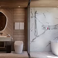 Elegant Hotel Bathroom Interior With Wooden Walls Marble Shower And Freestanding Bathtub