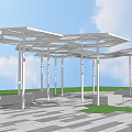 Modern Interconnected Pergola Structure With White Frame Green Lawn And Paved Ground 3d model