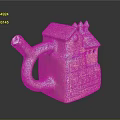 House Shaped Ceramic Sculpture With Yellow Body Red Roof Curved Spout And Decorative Patterns