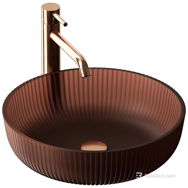 Brown Vertical Striped Washbasin With Golden Faucet And Modern Bathroom Design 3d model 