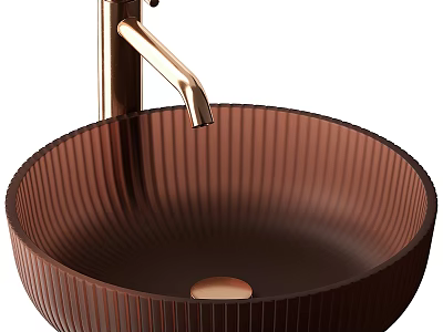Brown Vertical Striped Washbasin With Golden Faucet And Modern Bathroom Design 3d model