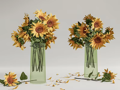 Fresh Bright Sunflowers in Green Glass Vases with Scattered Petals and Leaves 3d model