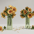 Fresh Bright Sunflowers in Green Glass Vases with Scattered Petals and Leaves