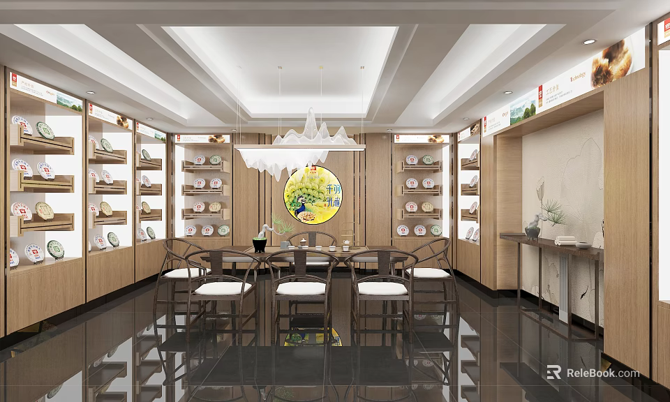 Elegant Specialty Store Interior with Wooden Shelves Tables Chairs Chandelier and Circular Painting 3d model 