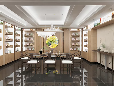 Elegant Specialty Store Interior with Wooden Shelves Tables Chairs Chandelier and Circular Painting 3d model