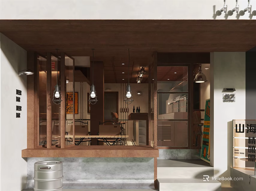 Cozy Bar Featuring Wooden Awning Glass Facade Interior Lighting And Beer Keg 3d model 